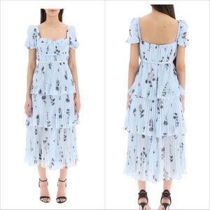 Self Portrait Blue Floral Tiered Chiffon Midi Dress, Size 10